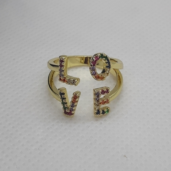 NWOT Love Word Rainbow Rhinestone Gold Ring - Picture 3 of 5